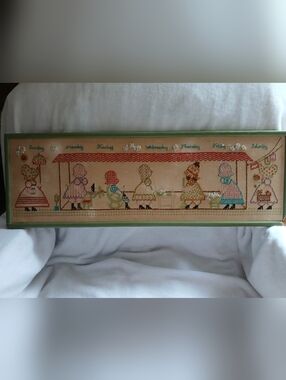 Vintage Hand Embroidered Days Of The Week Ladies Doing Chores Framed Art 1960s